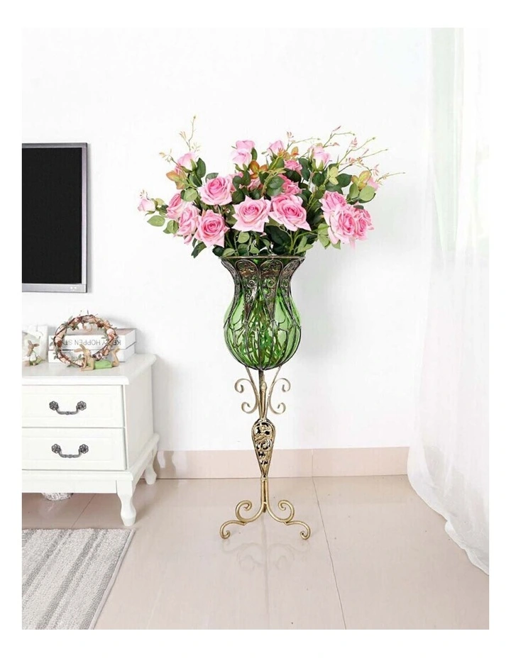 SOGA 85cm Green Glass Tall Floor Vase and 12pcs Pink Artificial Fake Flower Set image 5