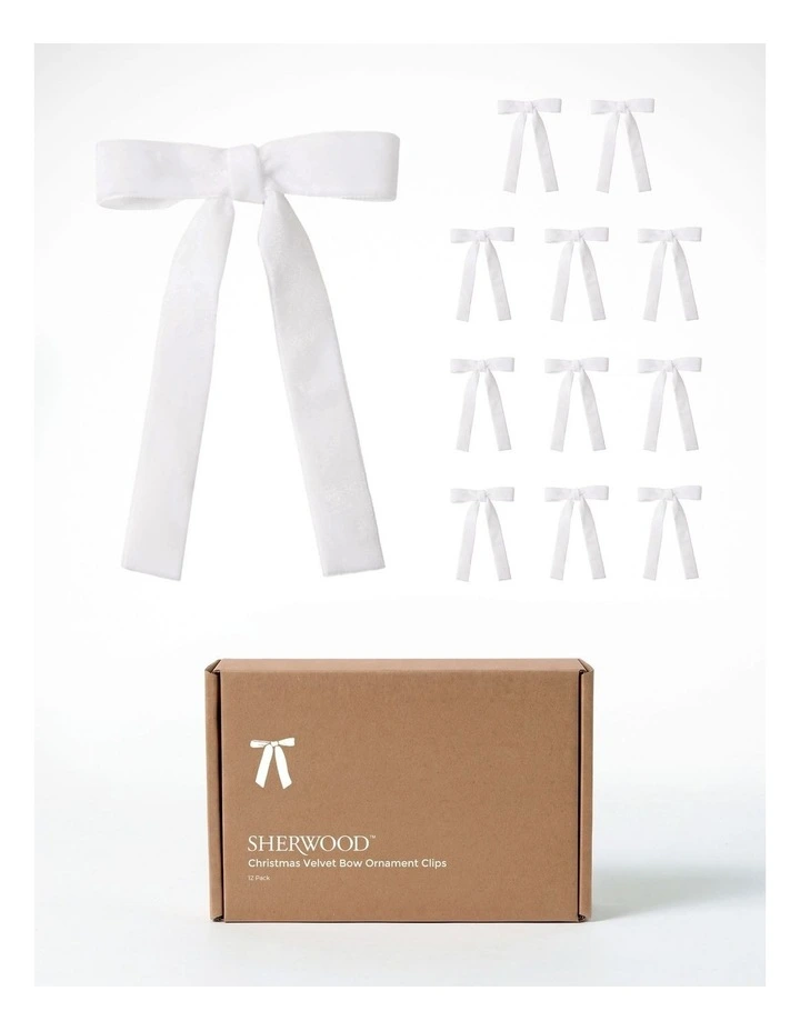 Sherwood Christmas Velvet Ribbon Bow Ornaments (12 Pack) in White image 1