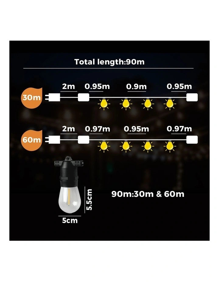 Mazam 90M LED Festoon String Lights Christmas Wedding Party Outdoor Waterproof image 3