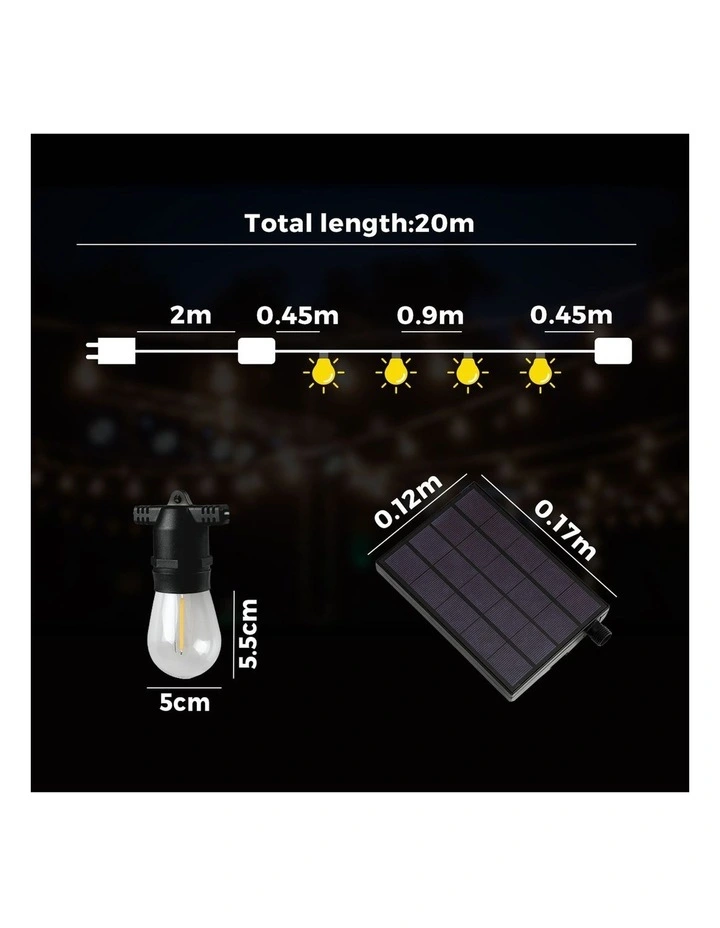 Mazam 20M Solar LED Festoon String Lights Christmas Waterproof Outdoor Garden image 3