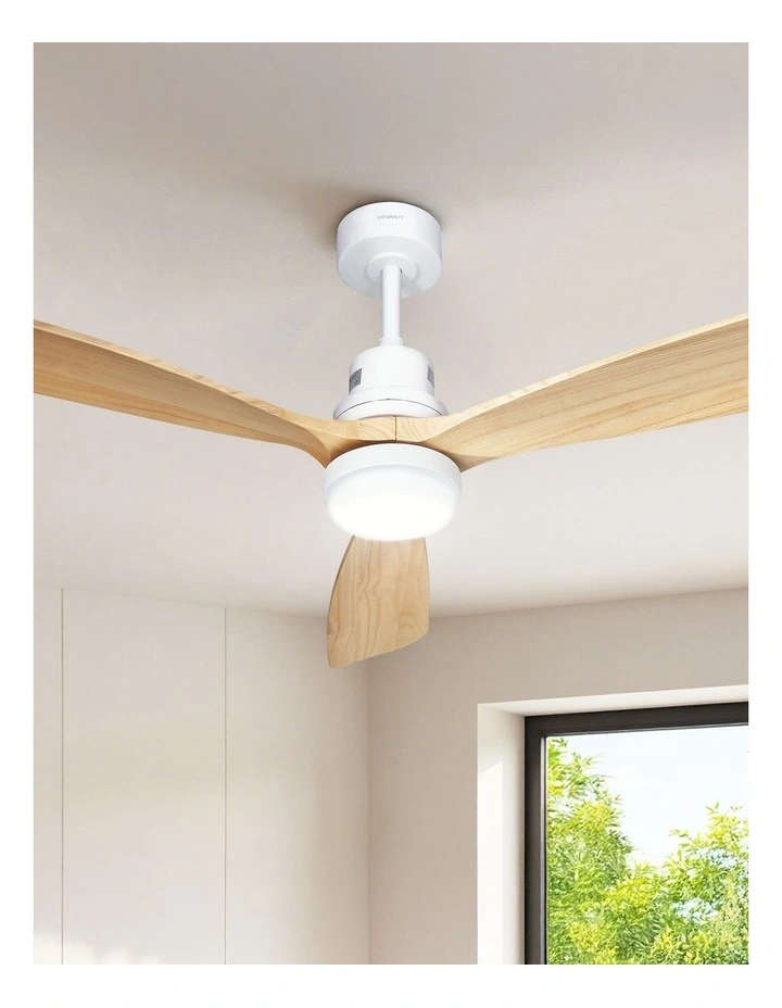 Devanti 52'' Ceiling Fan DC Motor LED Light Remote - Light Wood image 3