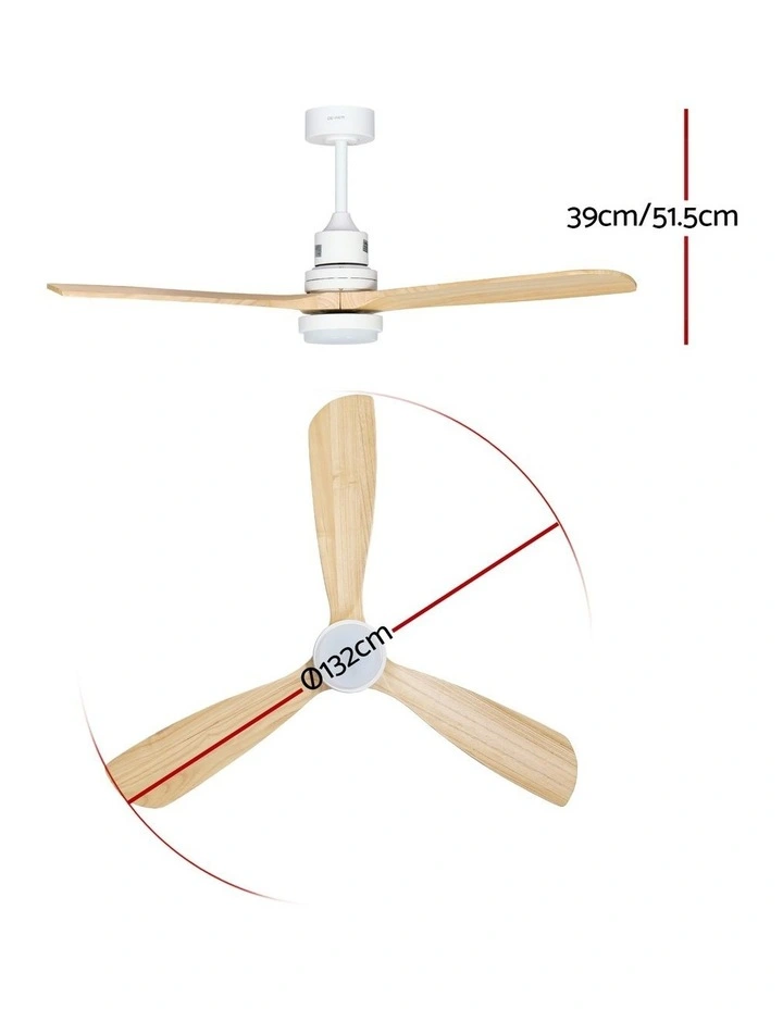 Devanti 52'' Ceiling Fan DC Motor LED Light Remote - Light Wood image 4