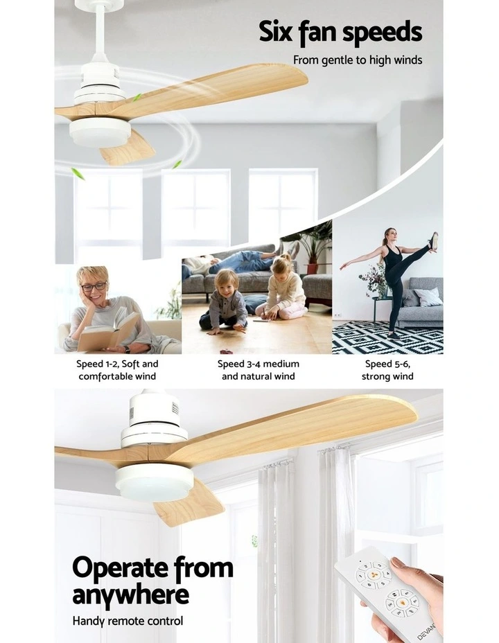 Devanti 52'' Ceiling Fan DC Motor LED Light Remote - Light Wood image 7