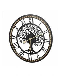 Yezi Wall Clock 40cm Vintage Tree Design Silent Quartz Iron Wood Black