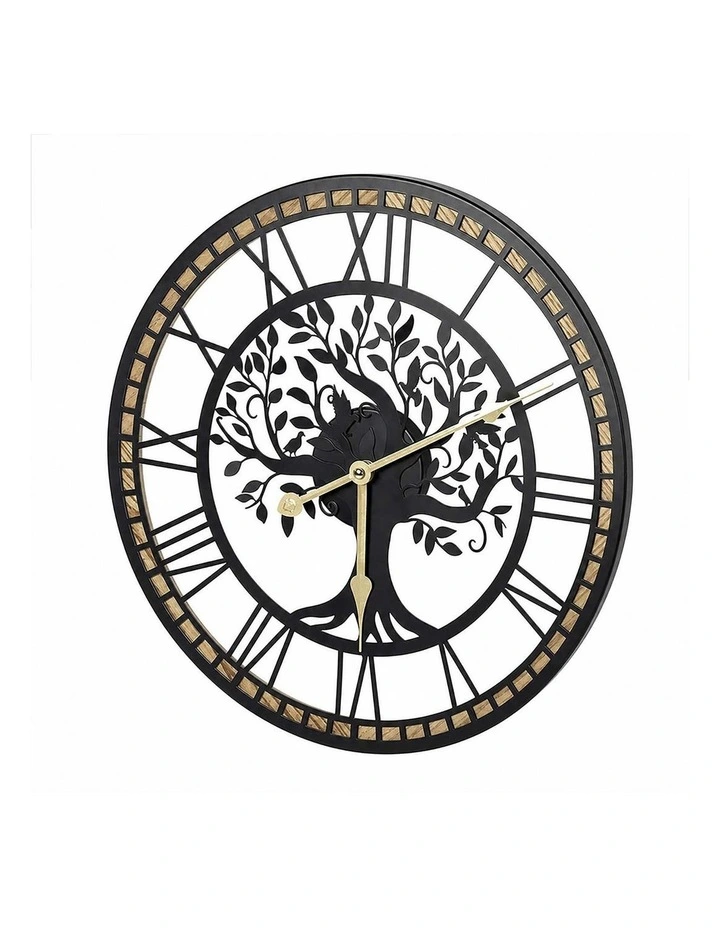 Yezi Wall Clock 40cm Vintage Tree Design Silent Quartz Iron Wood Black image 1