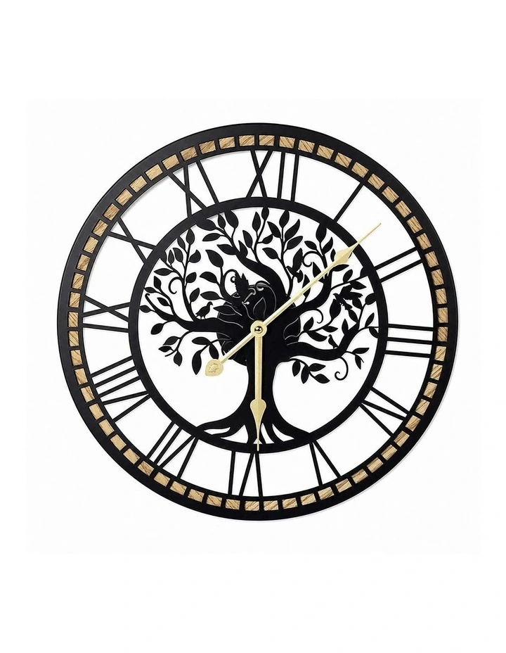 Yezi Wall Clock 40cm Vintage Tree Design Silent Quartz Iron Wood Black image 2