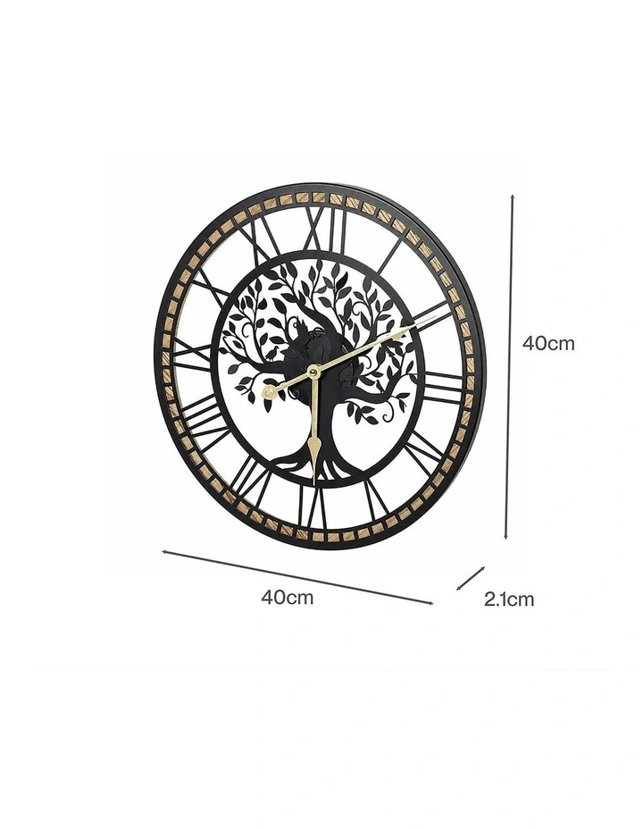 Yezi Wall Clock 40cm Vintage Tree Design Silent Quartz Iron Wood Black image 3