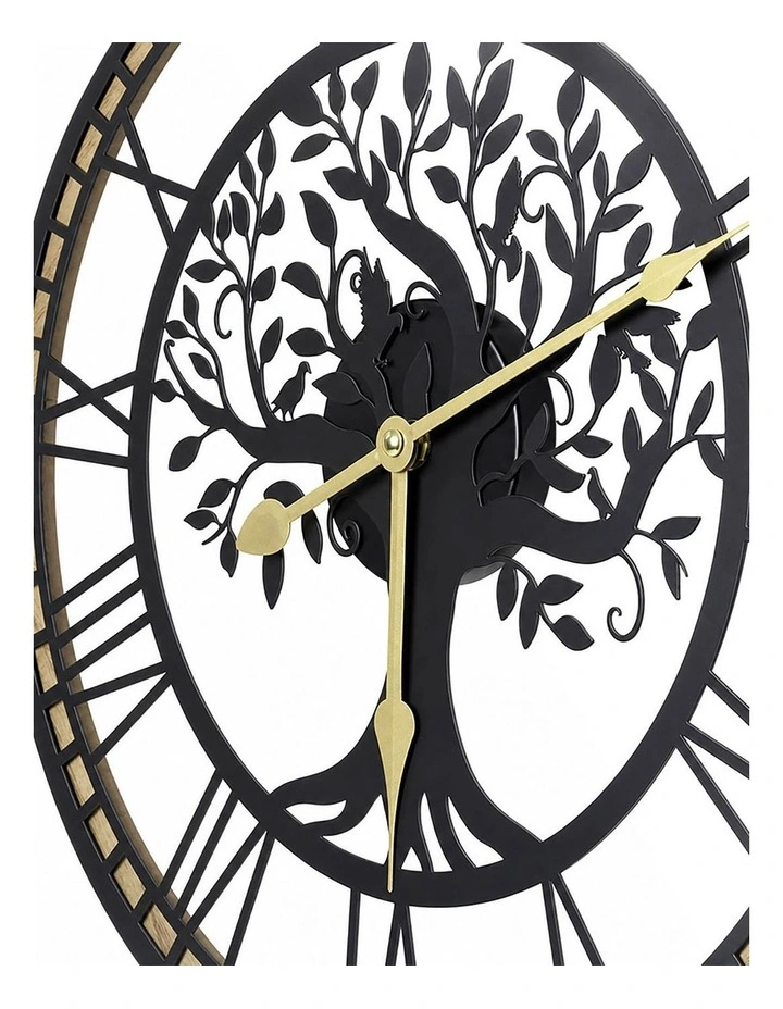 Yezi Wall Clock 40cm Vintage Tree Design Silent Quartz Iron Wood Black image 4