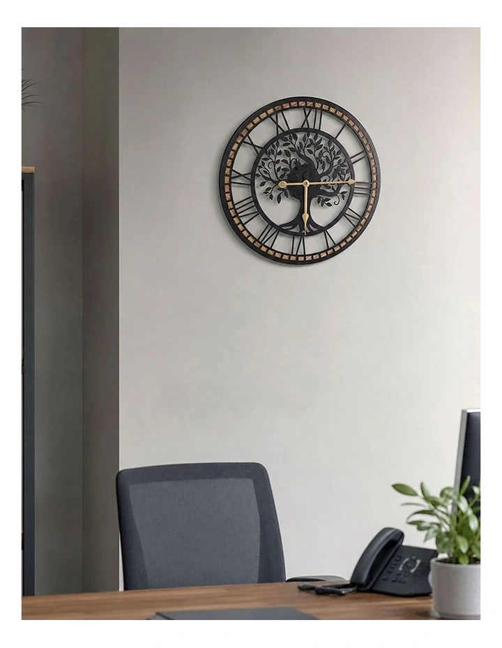 Yezi Wall Clock 40cm Vintage Tree Design Silent Quartz Iron Wood Black image 6