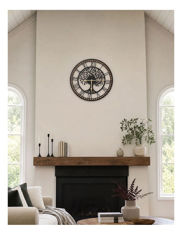 Yezi Wall Clock 40cm Vintage Tree Design Silent Quartz Iron Wood Black image 7