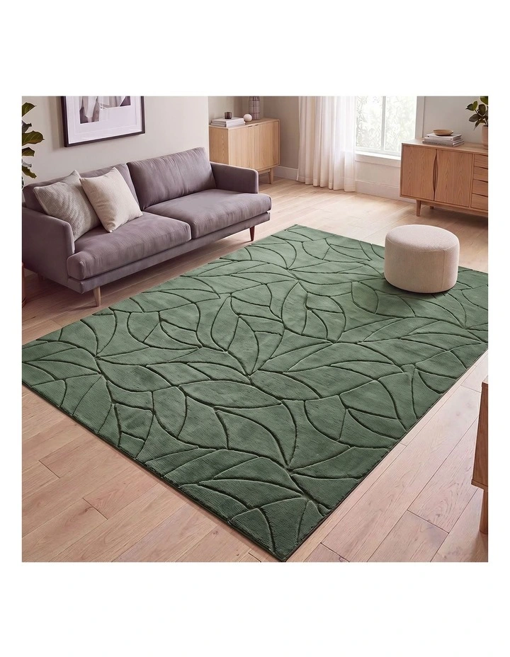 Oikiture Textured Leaf Jacquard Area Rug Floor Carpet Soft Decor 200X290cm Green image 4