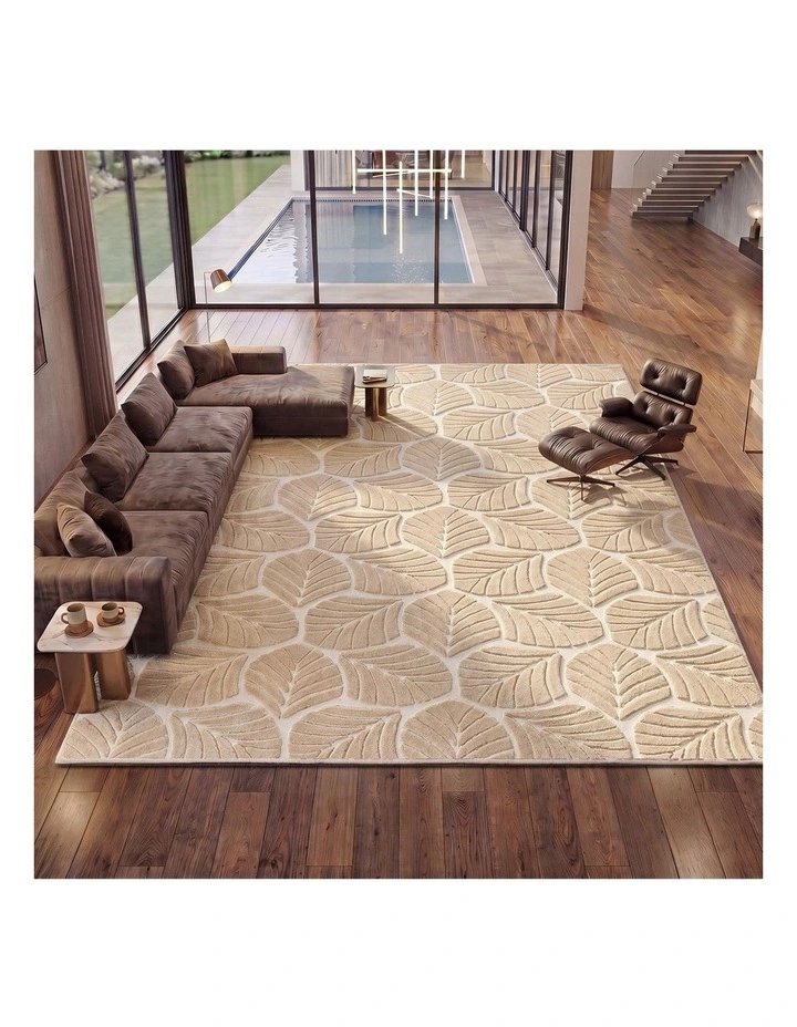 Oikiture Embossed Leaf Area Rug Jacquard Texture Floor Carpet 240X340cm Beige image 4