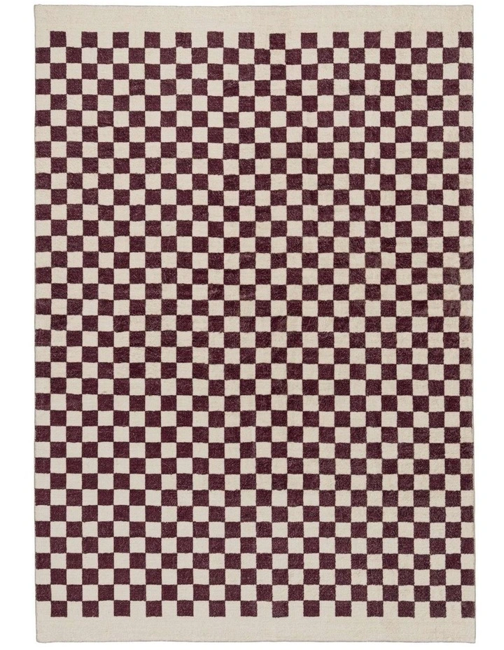 LOOPSIE HERMOSA BURGUNDY AND CREAM CHECKERED WASHABLE RUG image 1