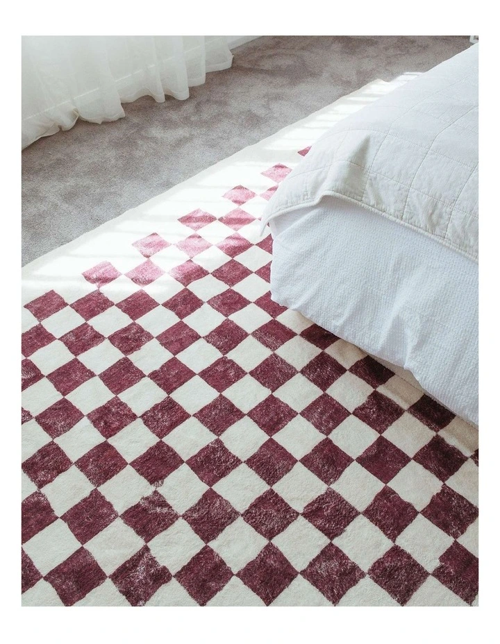 LOOPSIE HERMOSA BURGUNDY AND CREAM CHECKERED WASHABLE RUG image 6