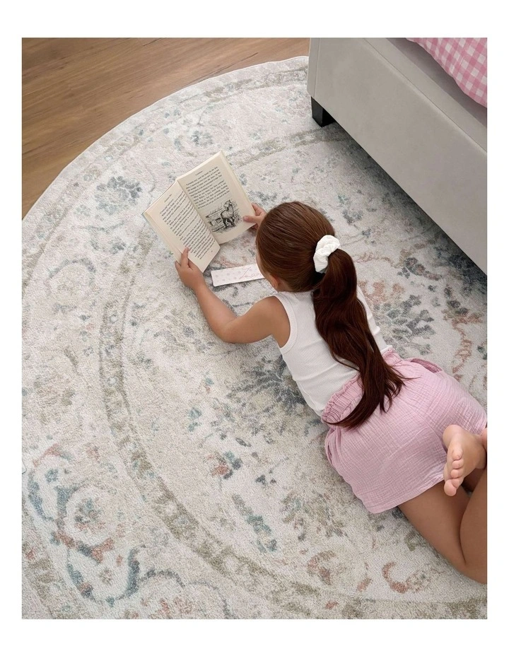 MISS AMARA  CARIBOU CREAM AND PINK TRADITIONAL ROUND RUG image 6