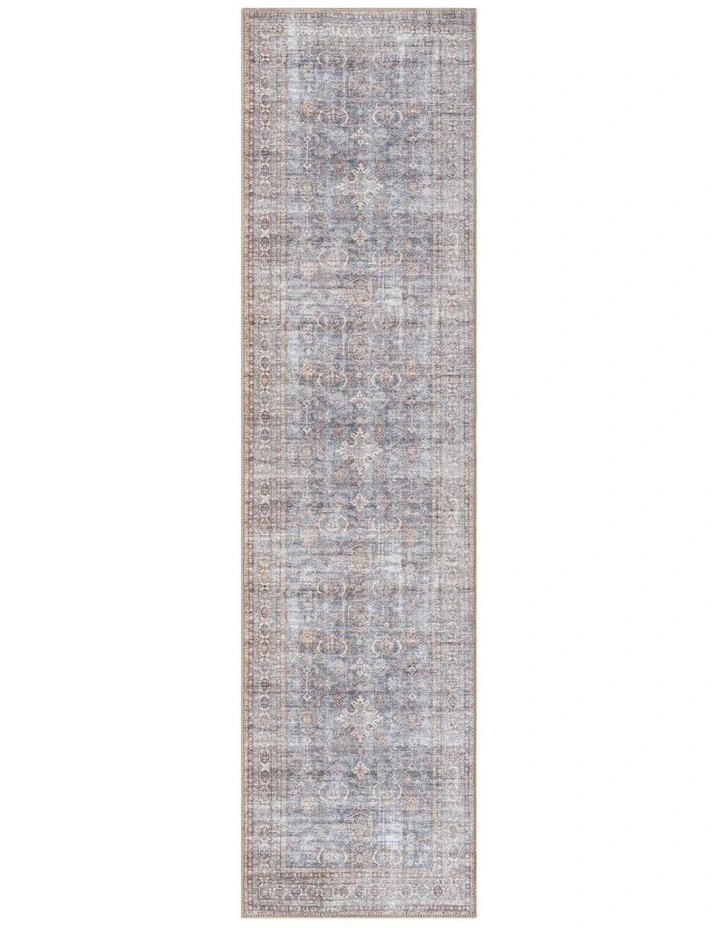 MISS AMARA  SORRA BLUE AND BROWN TRADITIONAL DISTRESSED WASHABLE RUNNER RUG image 1