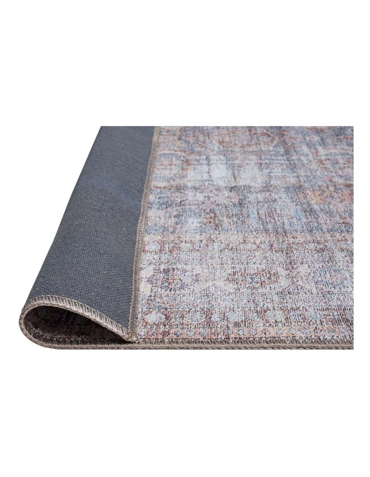 MISS AMARA  SORRA BLUE AND BROWN TRADITIONAL DISTRESSED WASHABLE RUNNER RUG image 3