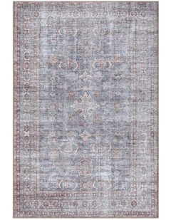 MISS AMARA  SORRA BLUE AND BROWN TRADITIONAL DISTRESSED WASHABLE RUG