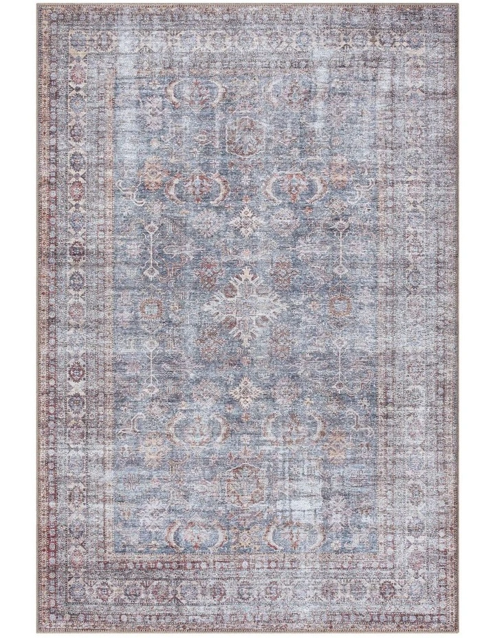MISS AMARA SORRA BLUE AND BROWN TRADITIONAL DISTRESSED WASHABLE RUG image 1