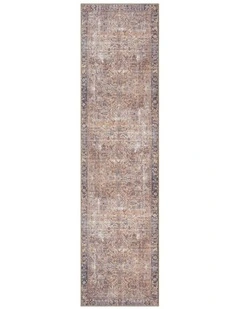 MISS AMARA  ANYEL BROWN AND BLUE TRADITIONAL DISTRESSED WASHABLE RUNNER RUG