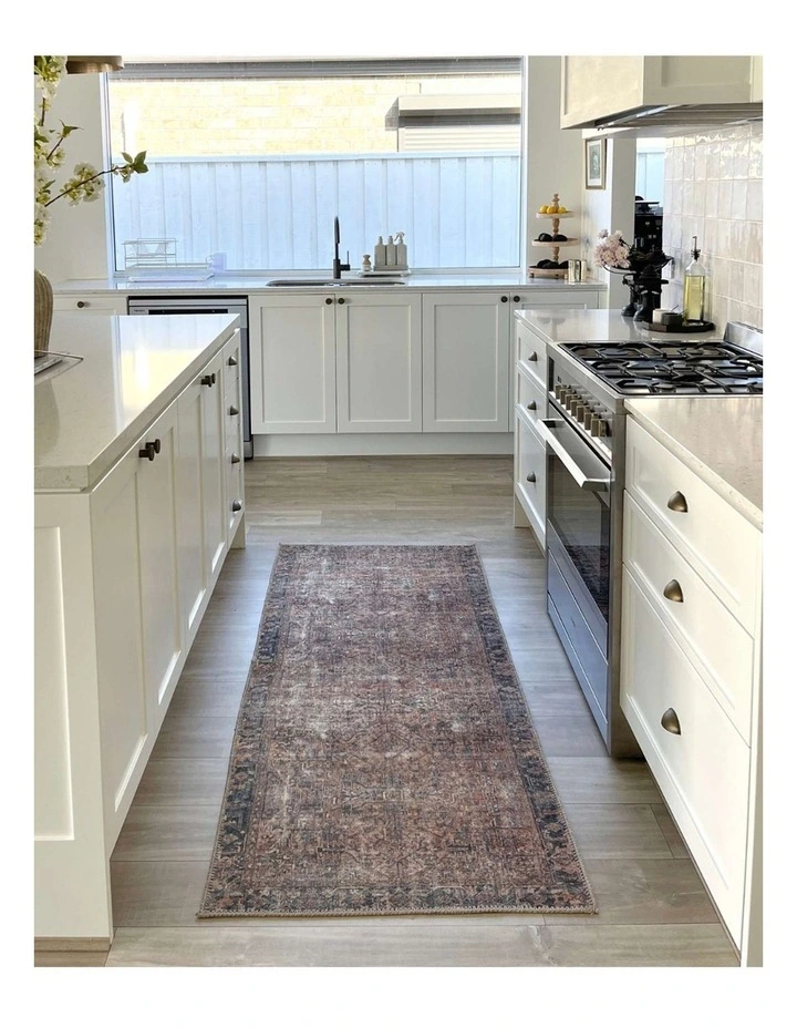 MISS AMARA ANYEL BROWN AND BLUE TRADITIONAL DISTRESSED WASHABLE RUNNER RUG image 6