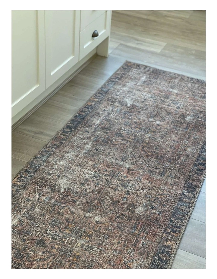MISS AMARA ANYEL BROWN AND BLUE TRADITIONAL DISTRESSED WASHABLE RUNNER RUG image 7