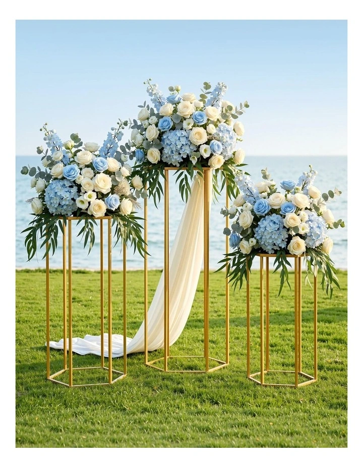 3Pcs Wedding Backdrop Stand Gold Metal Hexagon Frame Plinth Pillars image 4