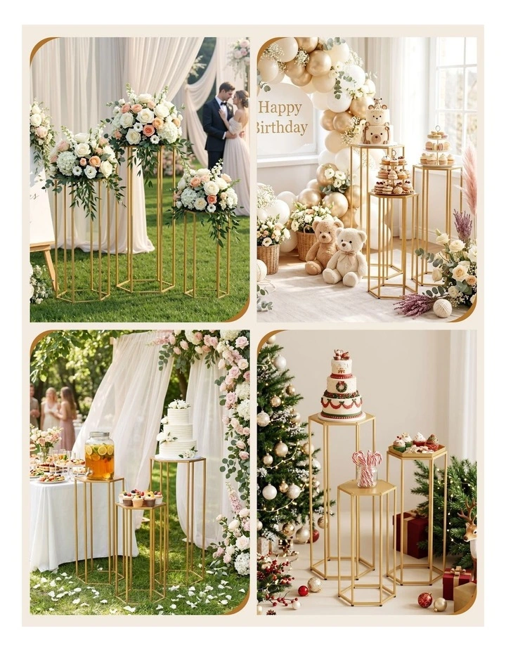 3Pcs Wedding Backdrop Stand Gold Metal Hexagon Frame Plinth Pillars image 6