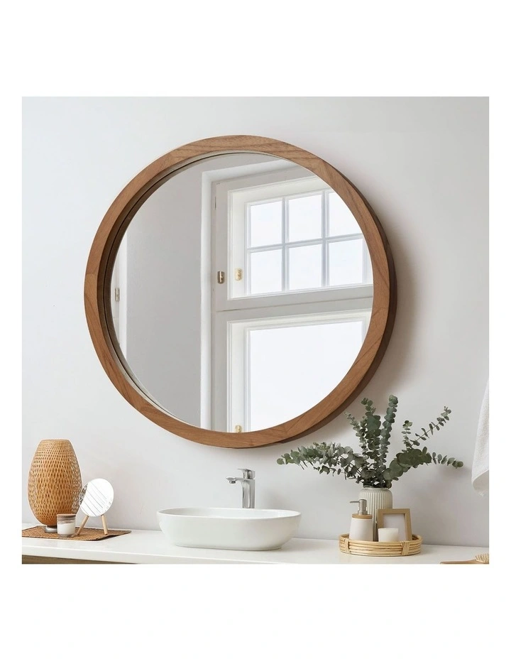 Oikiture Wall Mirrors 80cm Round Makeup Mirror Vanity Home Decor Frame Walnut image 4