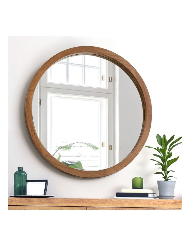 Oikiture Wall Mirrors 80cm Round Makeup Mirror Vanity Home Decor Frame Walnut image 5