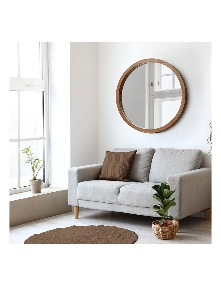 Oikiture Wall Mirrors 80cm Round Makeup Mirror Vanity Home Decor Frame Walnut image 7