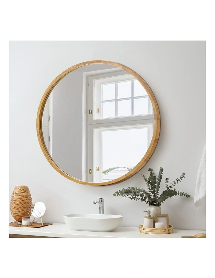 Oikiture Wall Mirrors Round 70cm Makeup Mirror Vanity Home Decor Wooden image 4