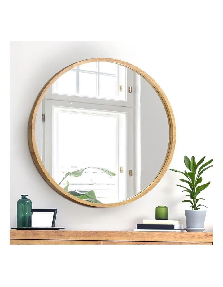 Oikiture Wall Mirrors Round 70cm Makeup Mirror Vanity Home Decor Wooden image 5