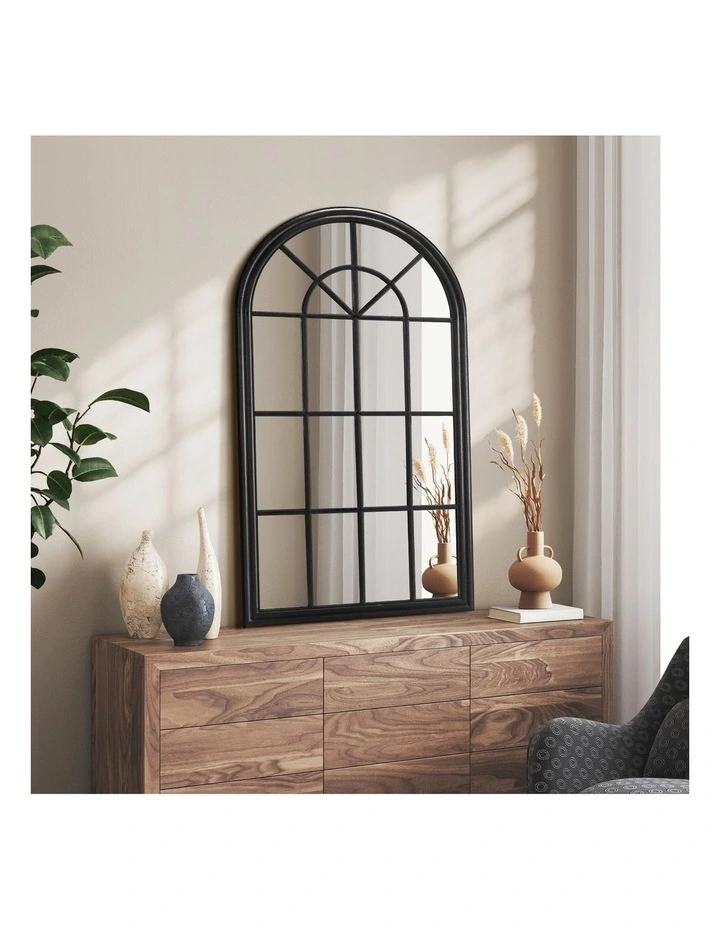 Oikiture Window Mirror Arched Wall Mirrors Decor 76x51cm Wooden Black image 4