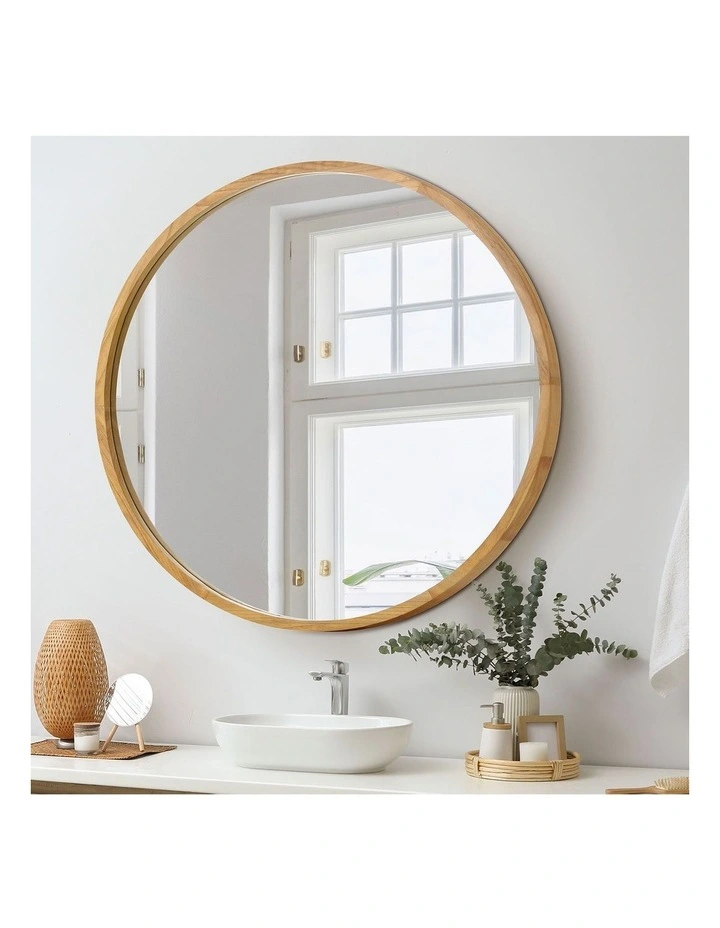 Oikiture Wall Mirrors Round Large Makeup Mirror Vanity Home Decor 90cm Wooden image 4