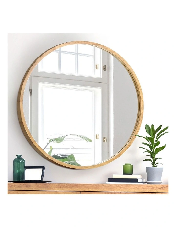 Oikiture Wall Mirrors Round Large Makeup Mirror Vanity Home Decor 90cm Wooden image 5