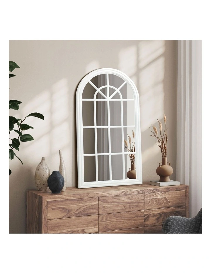 Oikiture Window Mirror Arched Wall Mirrors Decor 76x51cm Wooden White image 4