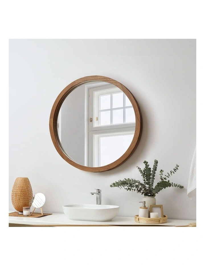 Oikiture Wall Mirrors 50cm Round Makeup Mirror Vanity Home Decor Walnut image 4