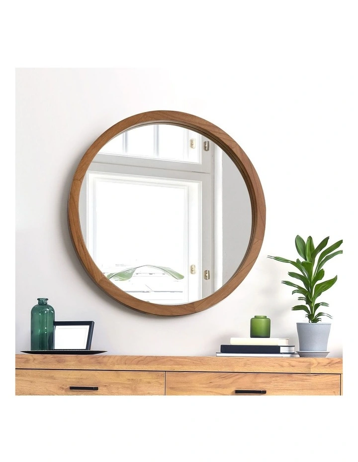 Oikiture Wall Mirrors 50cm Round Makeup Mirror Vanity Home Decor Walnut image 5