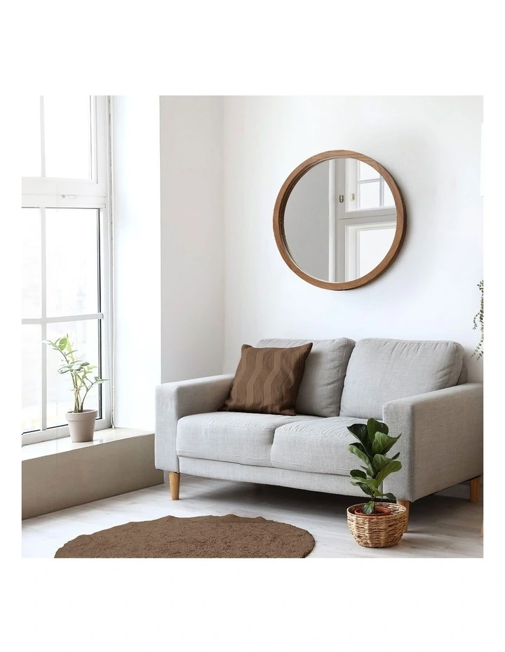 Oikiture Wall Mirrors 50cm Round Makeup Mirror Vanity Home Decor Walnut image 7