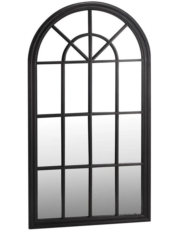 Oikiture Wooden Window Mirror Arched Wall Mirrors Decor 130x70cm Black image 1