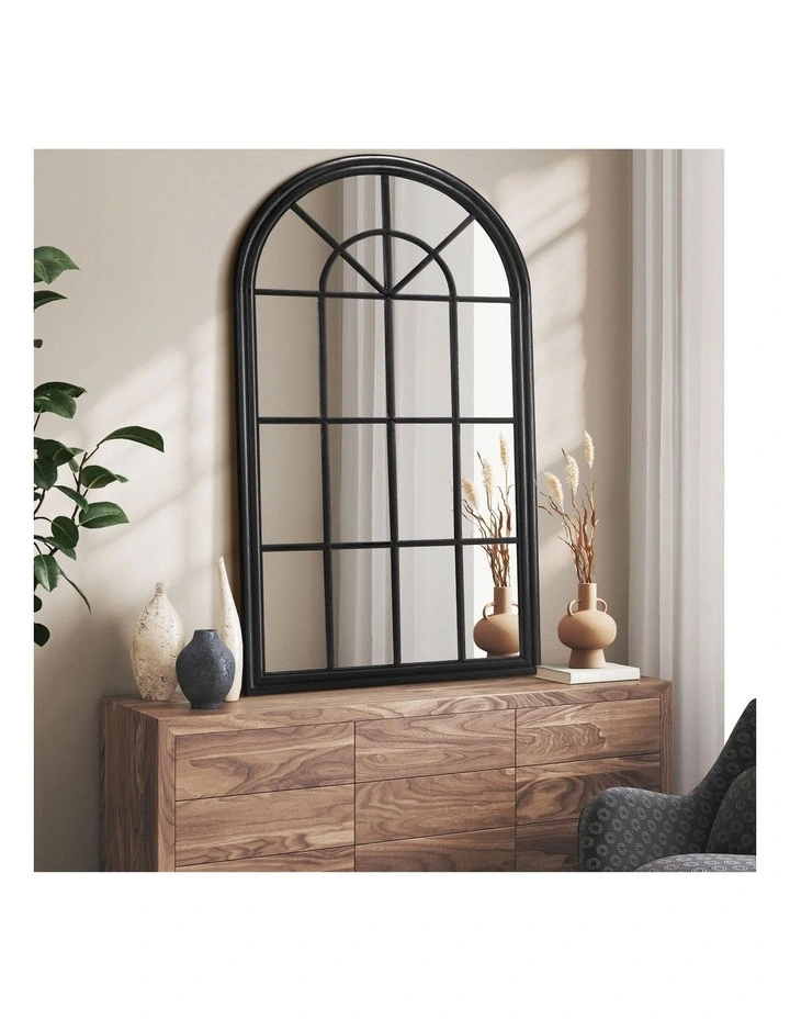 Oikiture Wooden Window Mirror Arched Wall Mirrors Decor 130x70cm Black image 4