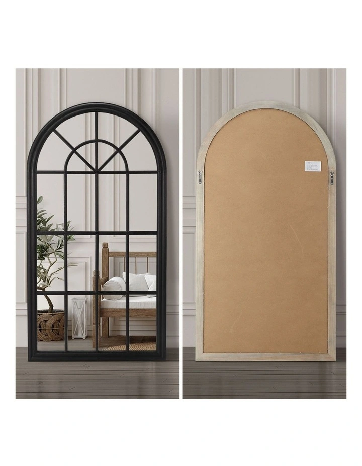 Oikiture Wooden Window Mirror Arched Wall Mirrors Decor 130x70cm Black image 6