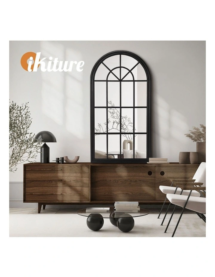 Oikiture Wooden Window Mirror Arched Wall Mirrors Decor 130x70cm Black image 7