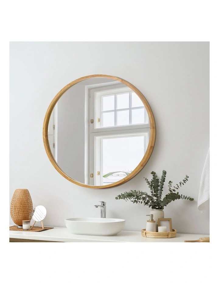Oikiture 60cm Wall Mirrors Round Makeup Mirror Home Decor Wooden Dining Room image 4