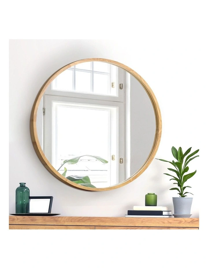 Oikiture 60cm Wall Mirrors Round Makeup Mirror Home Decor Wooden Dining Room image 5