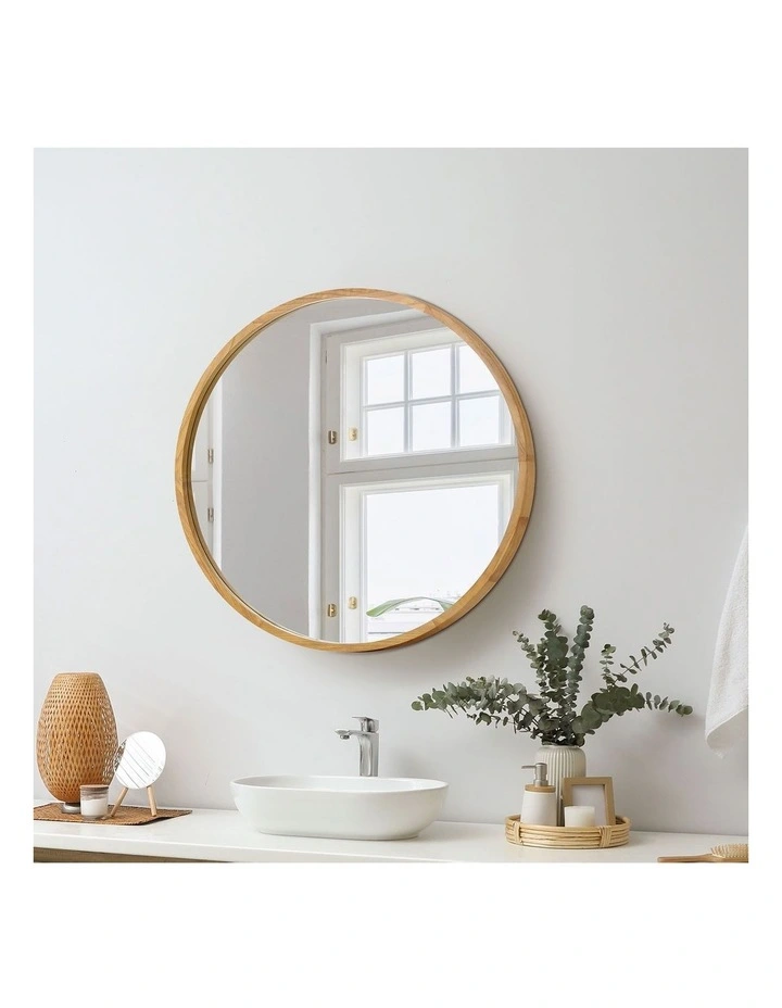 Oikiture Wall Mirrors Round Makeup Mirror Vanity Home Decor 50cm Wooden image 4