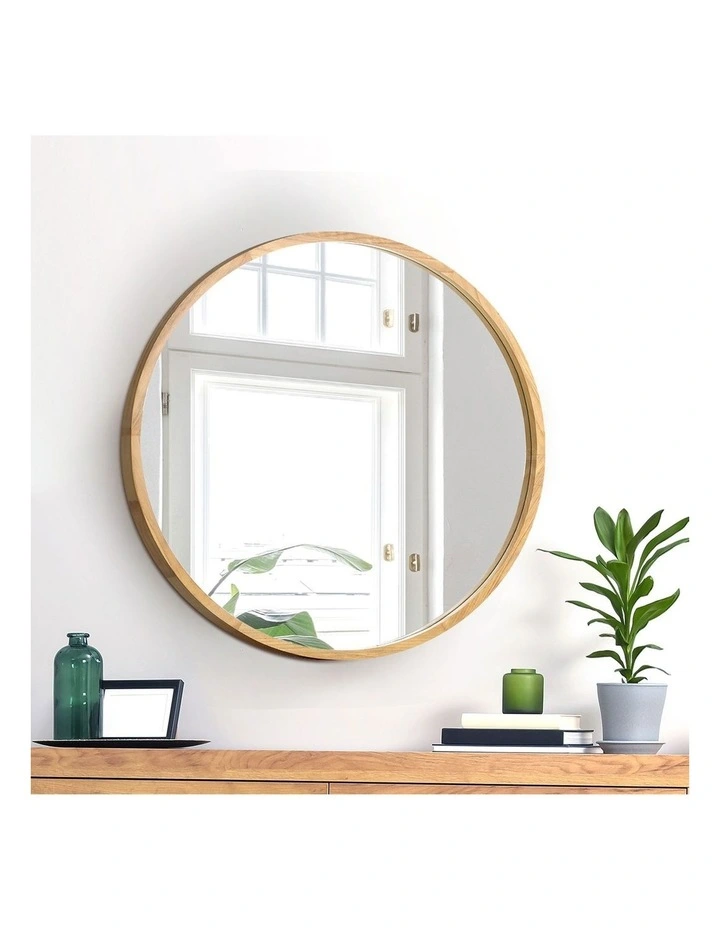 Oikiture Wall Mirrors Round Makeup Mirror Vanity Home Decor 50cm Wooden image 5