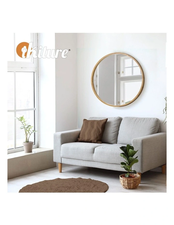 Oikiture Wall Mirrors Round Makeup Mirror Vanity Home Decor 50cm Wooden image 7