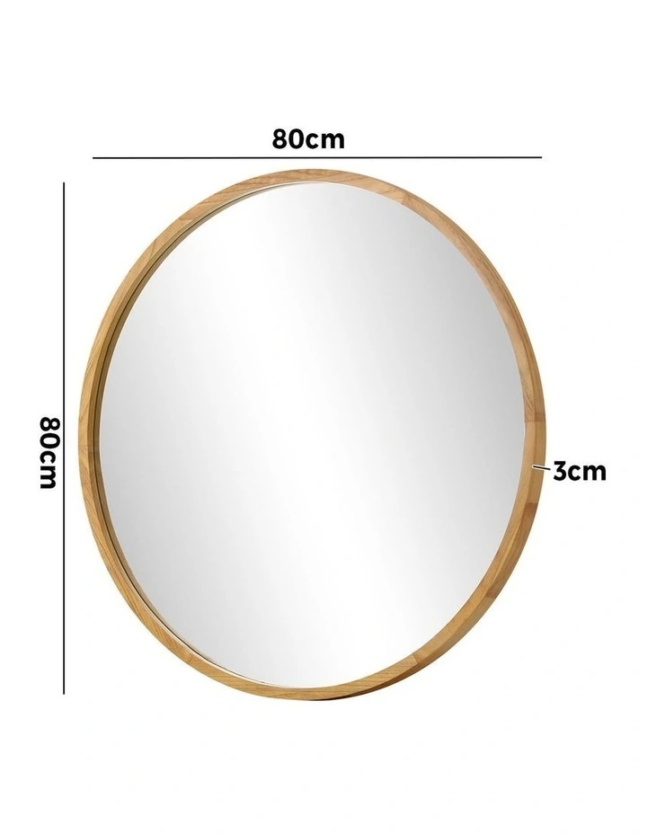Oikiture Wall Mirrors Round Makeup Mirror Vanity Home Decorative Wooden 80cm image 3